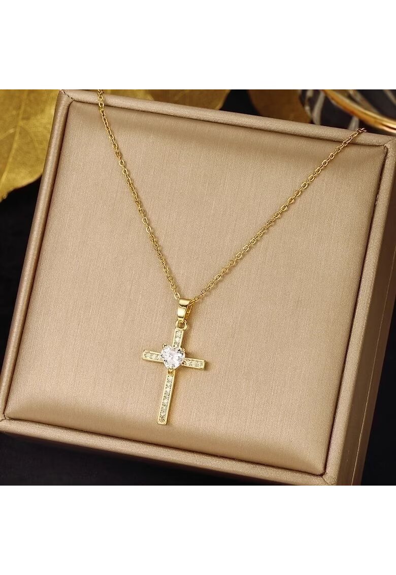 Pursehuit Colier auriu - din otel inoxidabil - suflat cu aur 18k - cu cruciulita si pietre din zirconiu - Indira C4