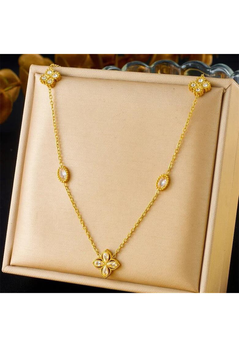 Pursehuit Colier auriu - din otel inoxidabil - suflat cu aur 18k - cu floricele si pietre din zirconiu - Denny C12