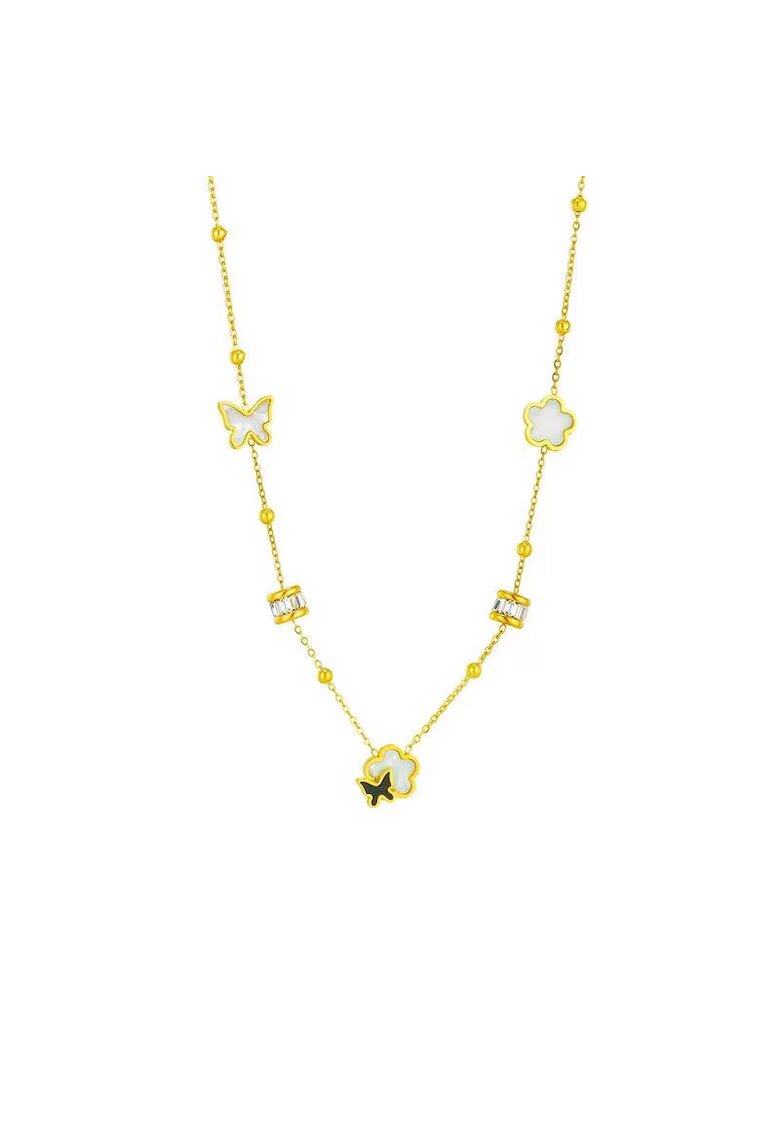 Pursehuit Colier auriu - din otel inoxidabil - suflat cu aur 18k - cu floricele si pietre din zirconiu - Eida C1