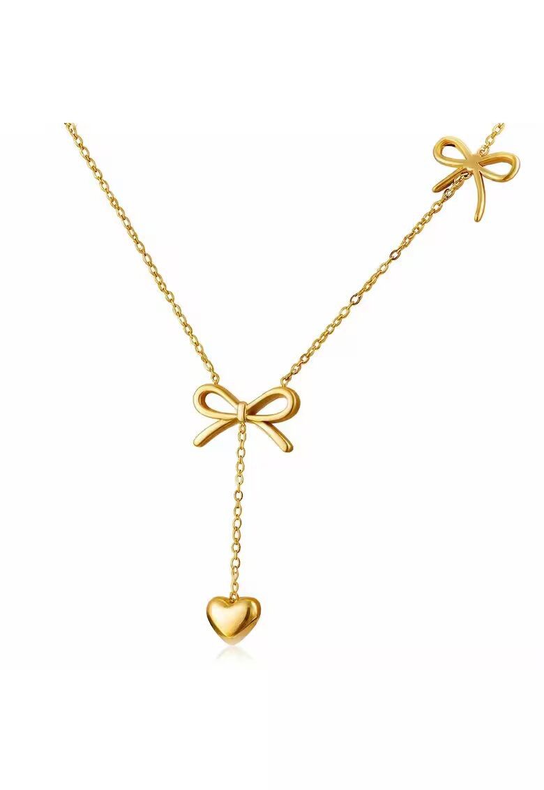Pursehuit Colier auriu - din otel inoxidabil - suflat cu aur 18k - cu inimioara si fundite - Eileen C1