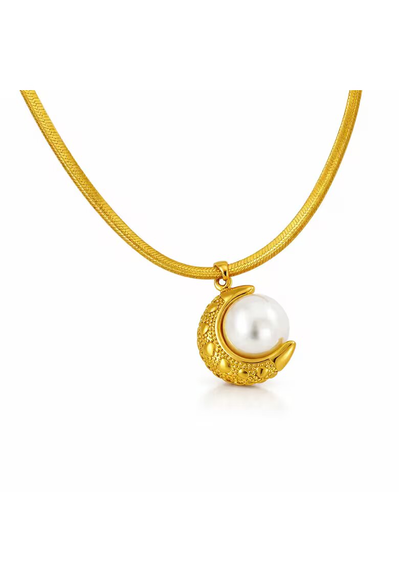Pursehuit Colier auriu - din otel inoxidabil - suflat cu aur 18k - cu semiluna si perla - Eimy C2