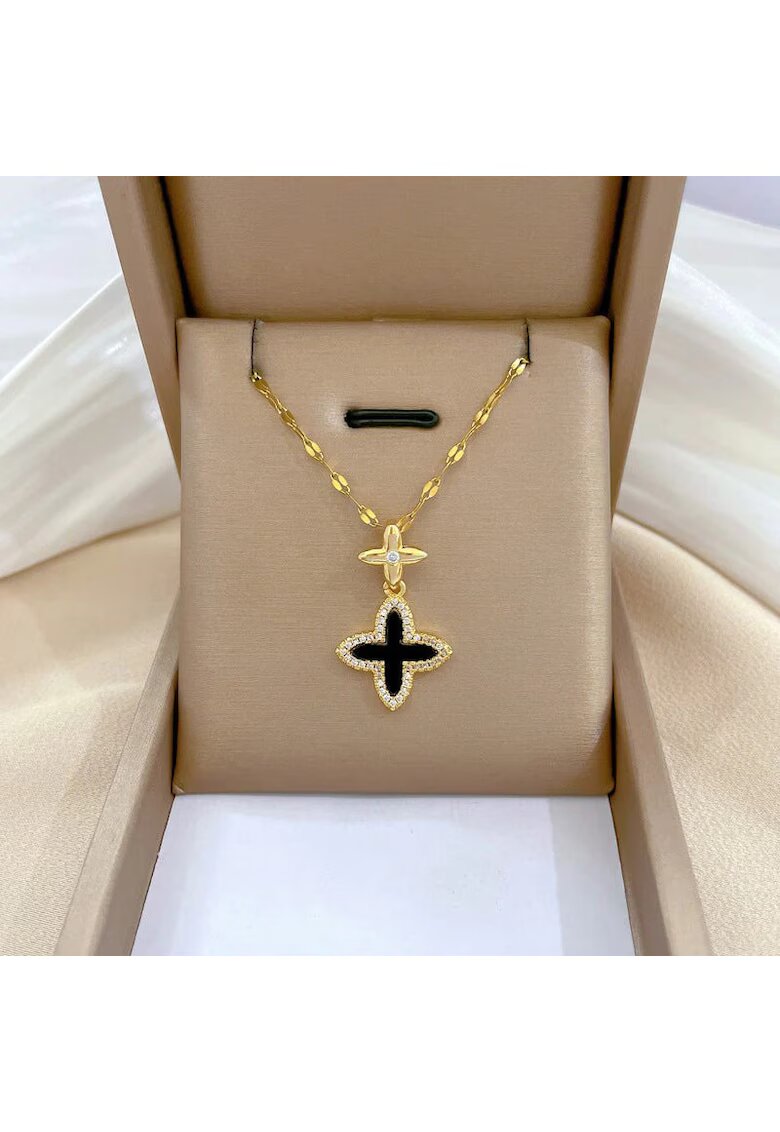 Pursehuit Colier auriu - din otel inoxidabil - suflat cu aur 18k - cu trifoi si pietre din zirconiu - Hilary C3
