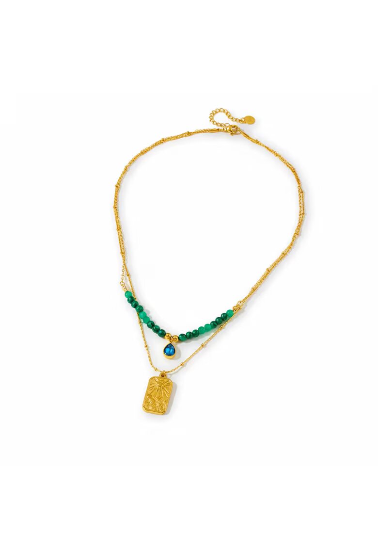 Pursehuit Colier auriu - din otel inoxidabil - suflat cu aur 18k - in 2 straturi - cu margelute verzi - Eleanora C2