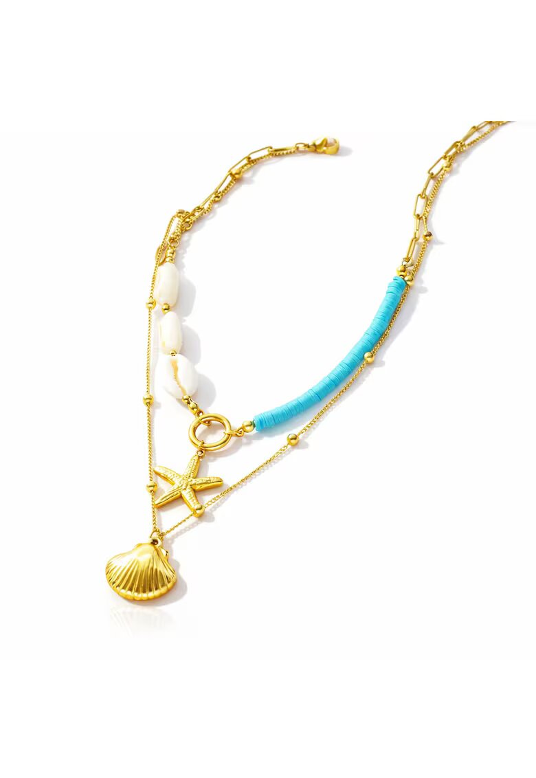 Pursehuit Colier auriu - din otel inoxidabil - suflat cu aur 18k - in 2 straturi - cu scoici si stea de mare - Ebrikka C1