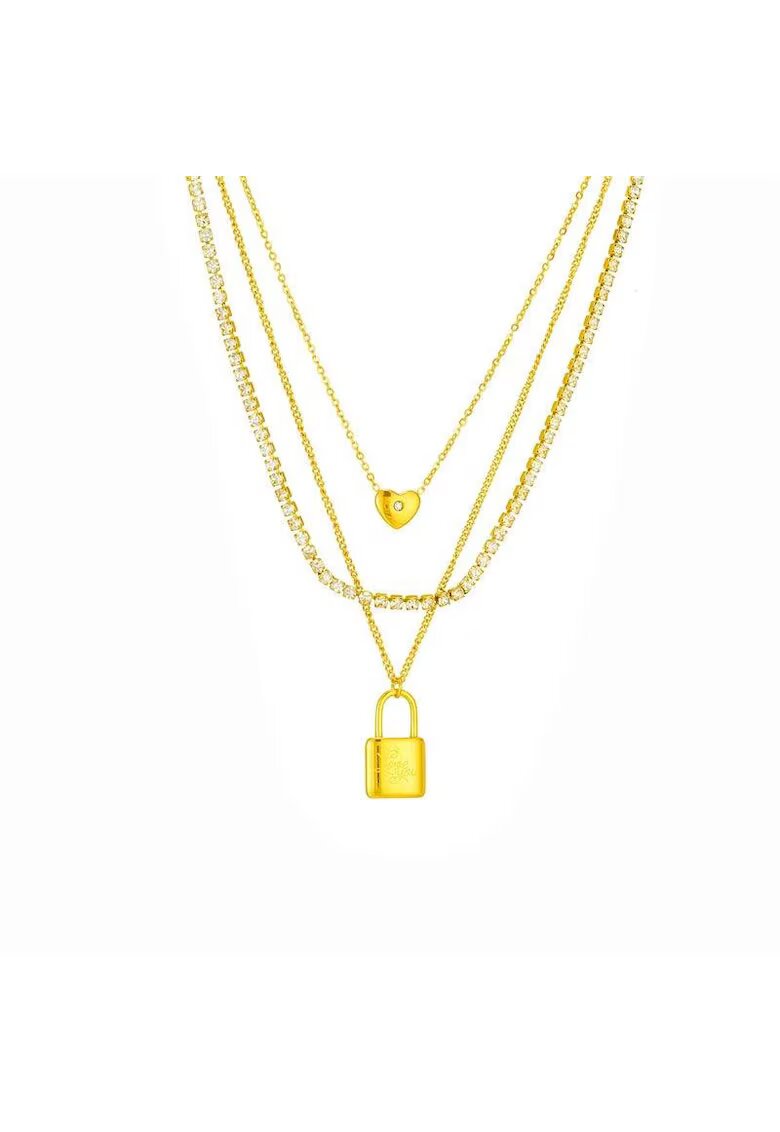 Pursehuit Colier auriu - din otel inoxidabil - suflat cu aur 18k - tennis - in 3 straturi - cu pietre si lacat - Dyveke C1