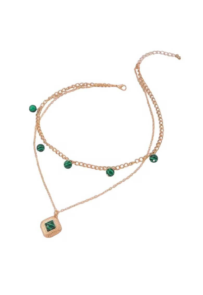 Pursehuit Colier auriu - in 2 straturi - cu bile verzi - Malue C20 -
