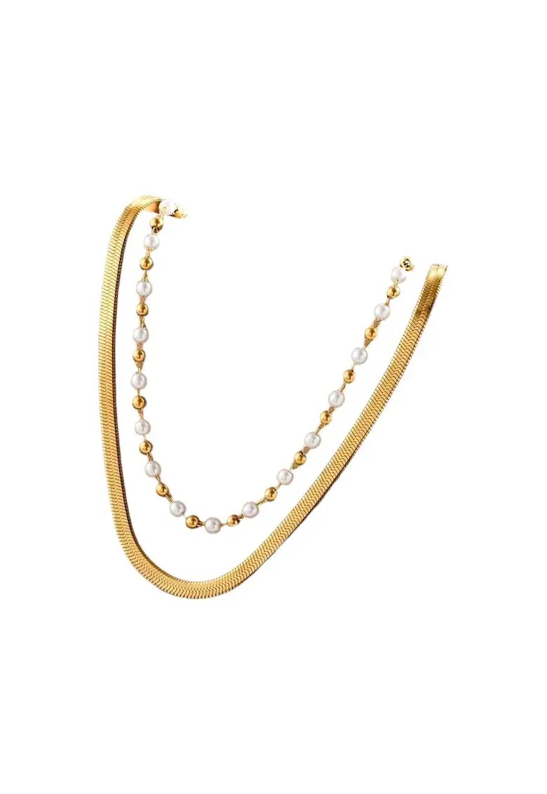Pursehuit Colier auriu - in 2 straturi - din otel inoxidabil 316L - cu perle - placat cu aur 18K PVD - Raisa C5