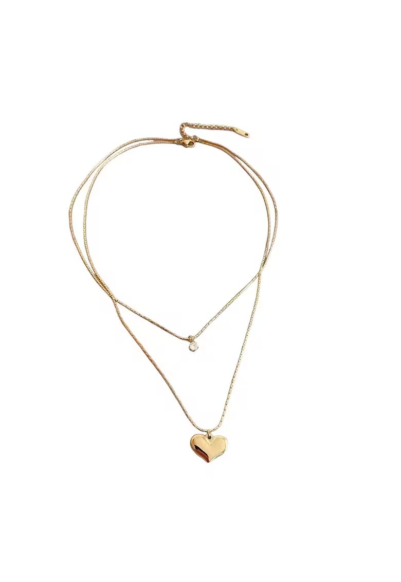 Pursehuit Colier auriu - in 2 straturi - din otel inoxidabil - cu inima si piatra zirconiu - suflat cu aur 18k - Rainer C5
