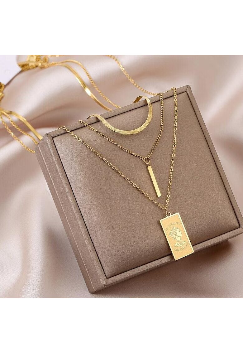 Pursehuit Colier auriu - in 3 straturi - cu tija si pandantiv dreptunghiular - Denisa C6 -