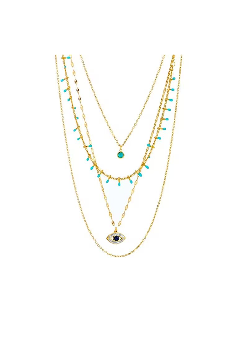 Pursehuit Colier auriu - in 4 straturi - din otel inoxidabil 316L - cu margelute turquoise si pietre - placat cu aur 18K PVD - Ragni C5