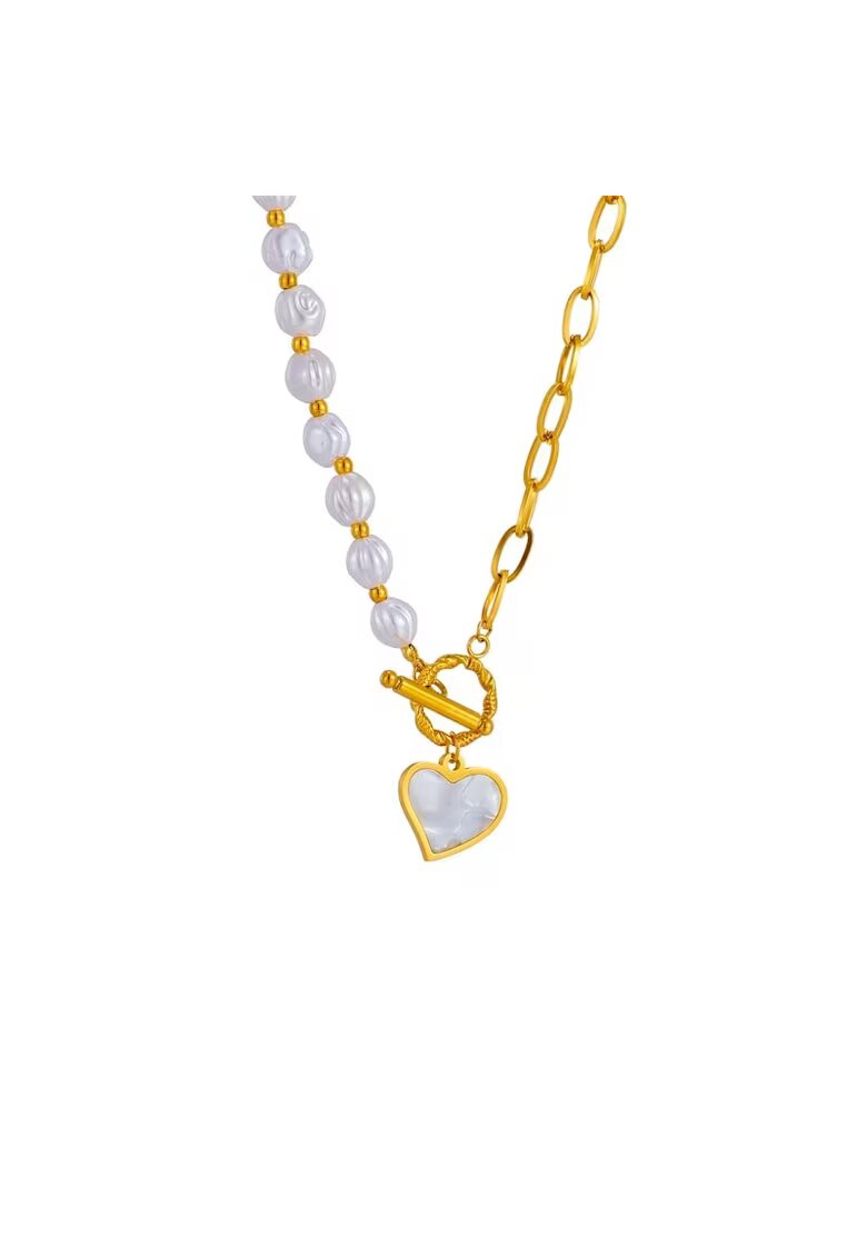 Pursehuit Colier auriu - suflat cu aur 18k - cu perle si pandantiv in forma de inima - Denys C6 -