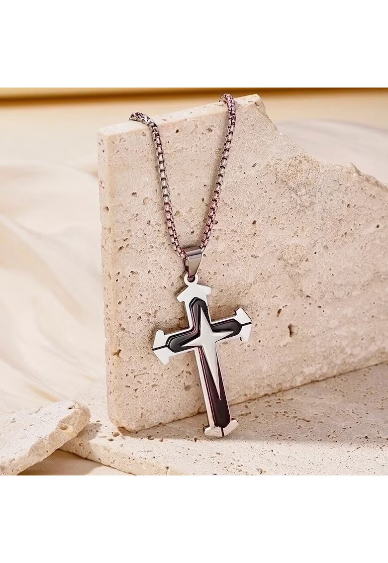 Pursehuit Colier barbati - argintiu - din otel inoxidabil - suflat cu aur 18k - cu pandantiv cruce - Pontus C9