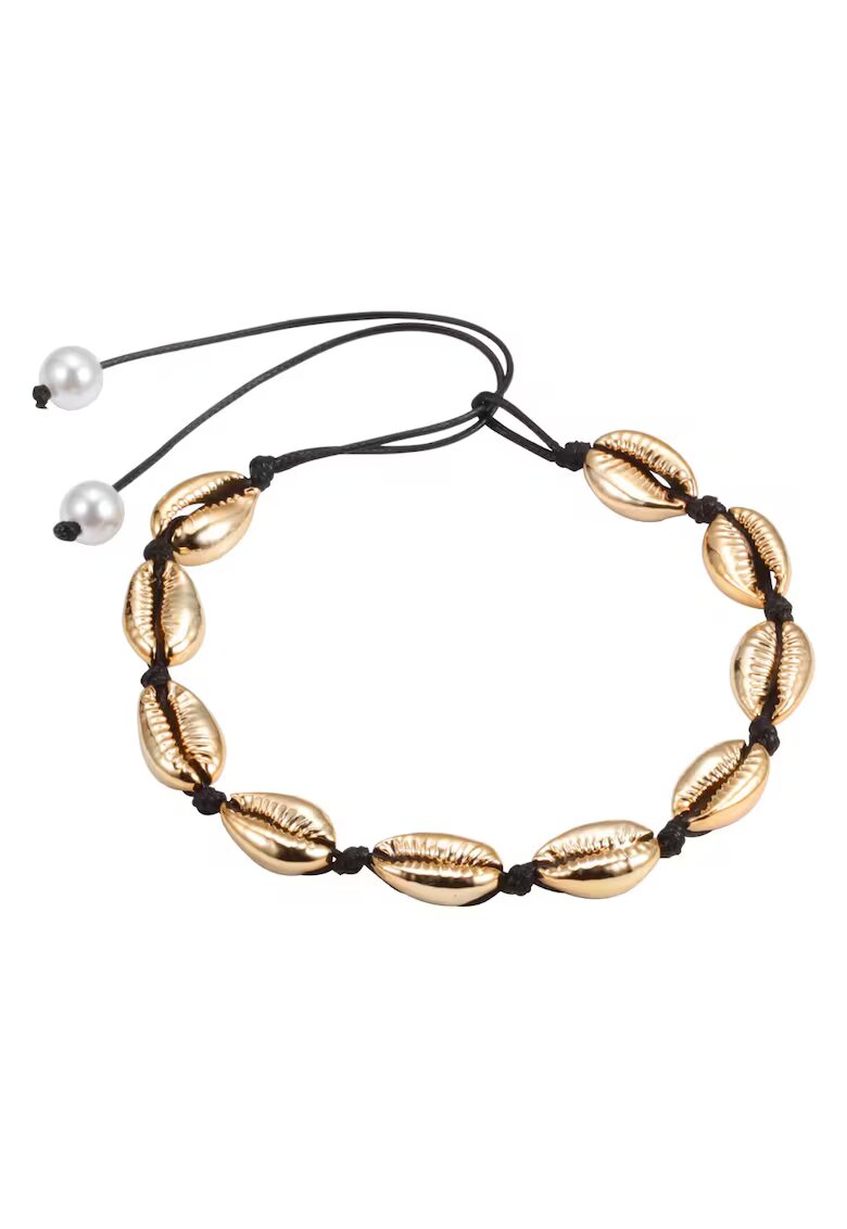 Pursehuit Colier cu scoici metalice - aurii - snur negru - ajustabil - Sanita C3 -