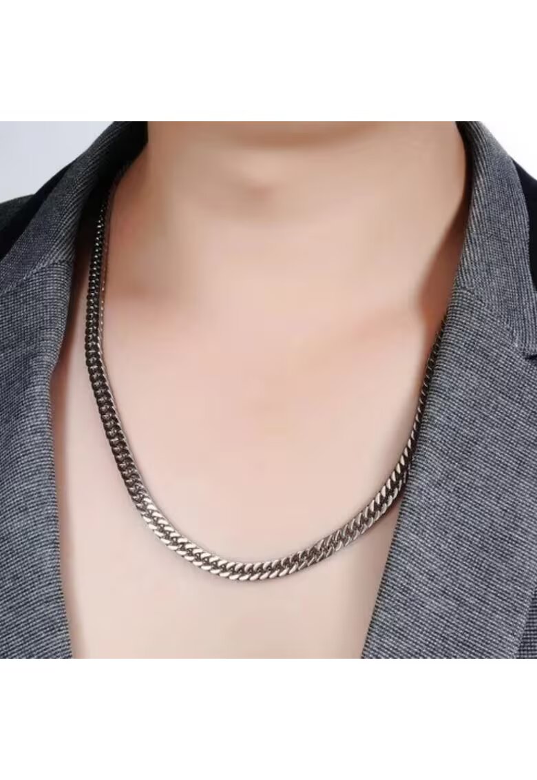 Pursehuit Colier cuban barbati - argintiu - din otel inoxidabil - suflat cu aur 18k - cu zale - Raimond C9