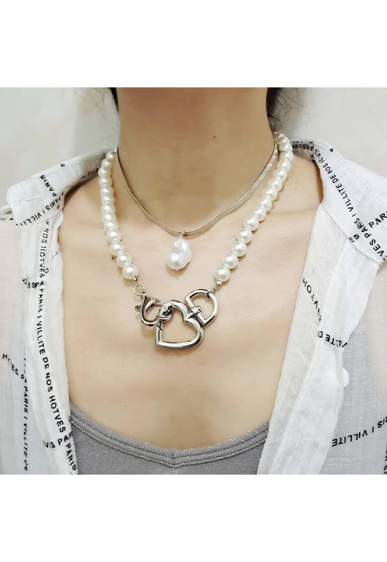 Pursehuit Colier in 2 straturi - cu perle si inimioare - argintiu - Line C2