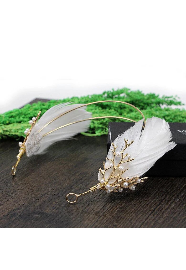 Pursehuit Coronita aurie - stil boho - cu pene - Athalia C2 -