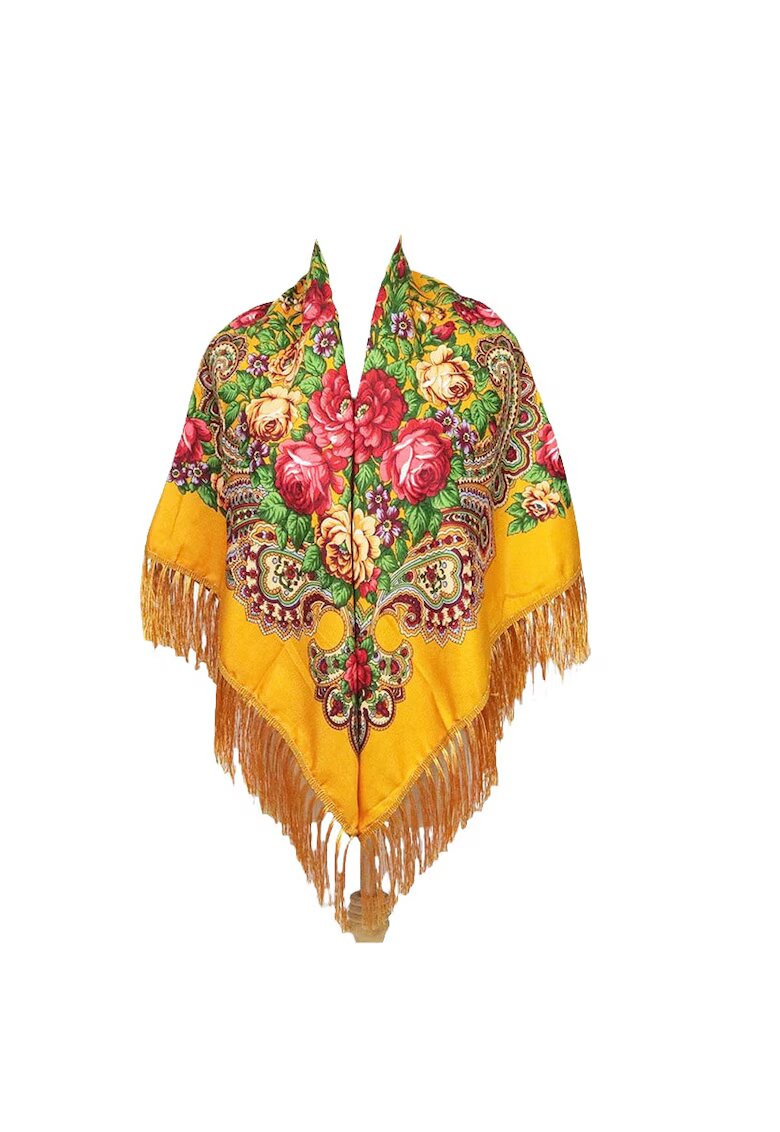 Pursehuit Esarfa patrata - galbena - cu franjuri si imprimeu floral - Anka C3 -