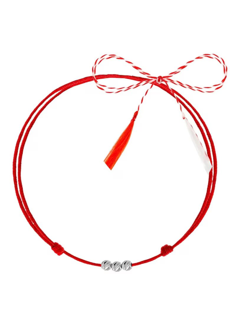 Pursehuit Martisor tip bratara - argintiu - cu 3 bile argint 925 si snur rosu reglabil C1