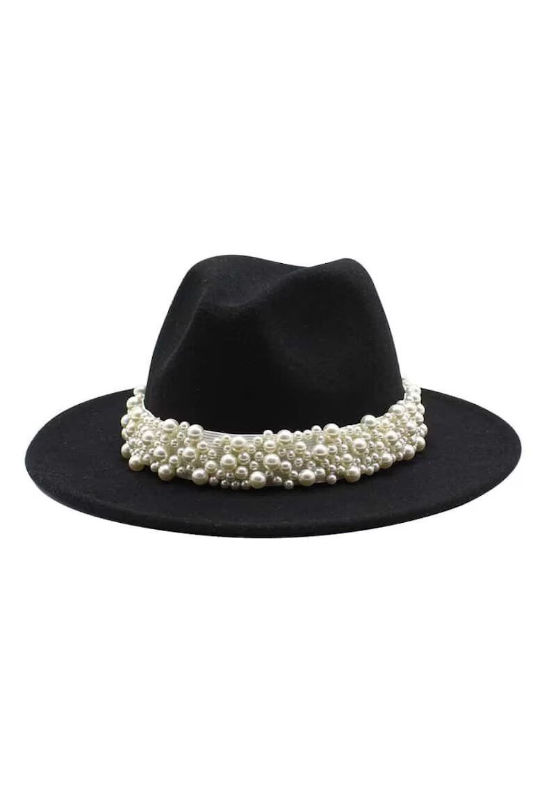 Pursehuit Palarie dama neagra - Fedora - handmade - cu perle - Jannik