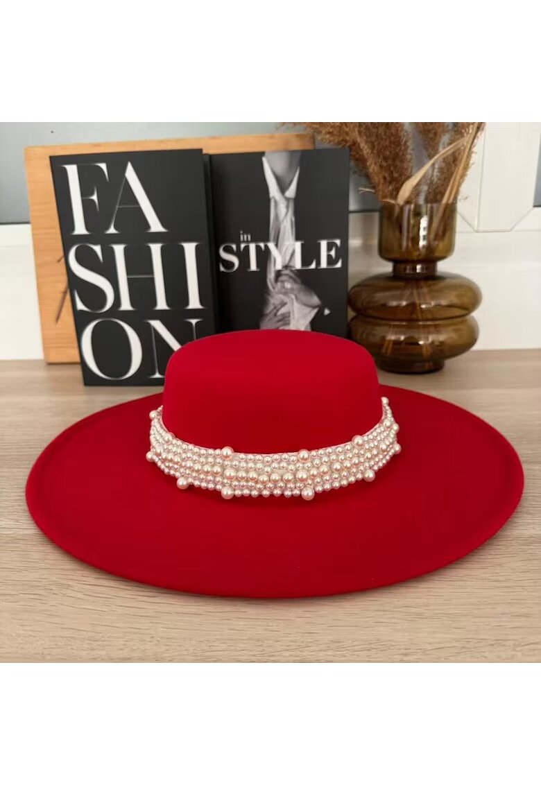 Pursehuit Palarie dama - rosie - stil canotiera - cu bor lat - handmade - cu accesoriu detasabil din perle - Gretha