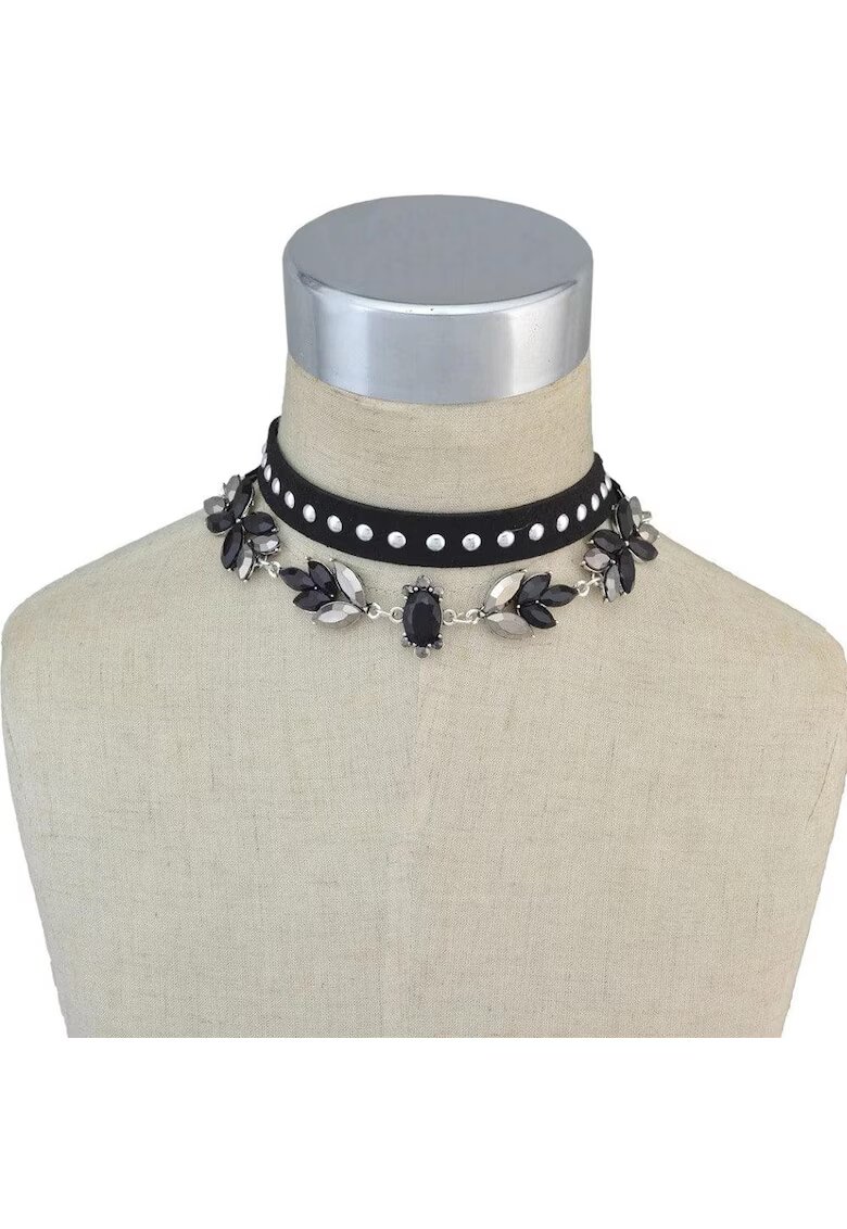 Pursehuit Set 2 coliere chocker - argintii - cu pietre si tinte - Leopold C28 -