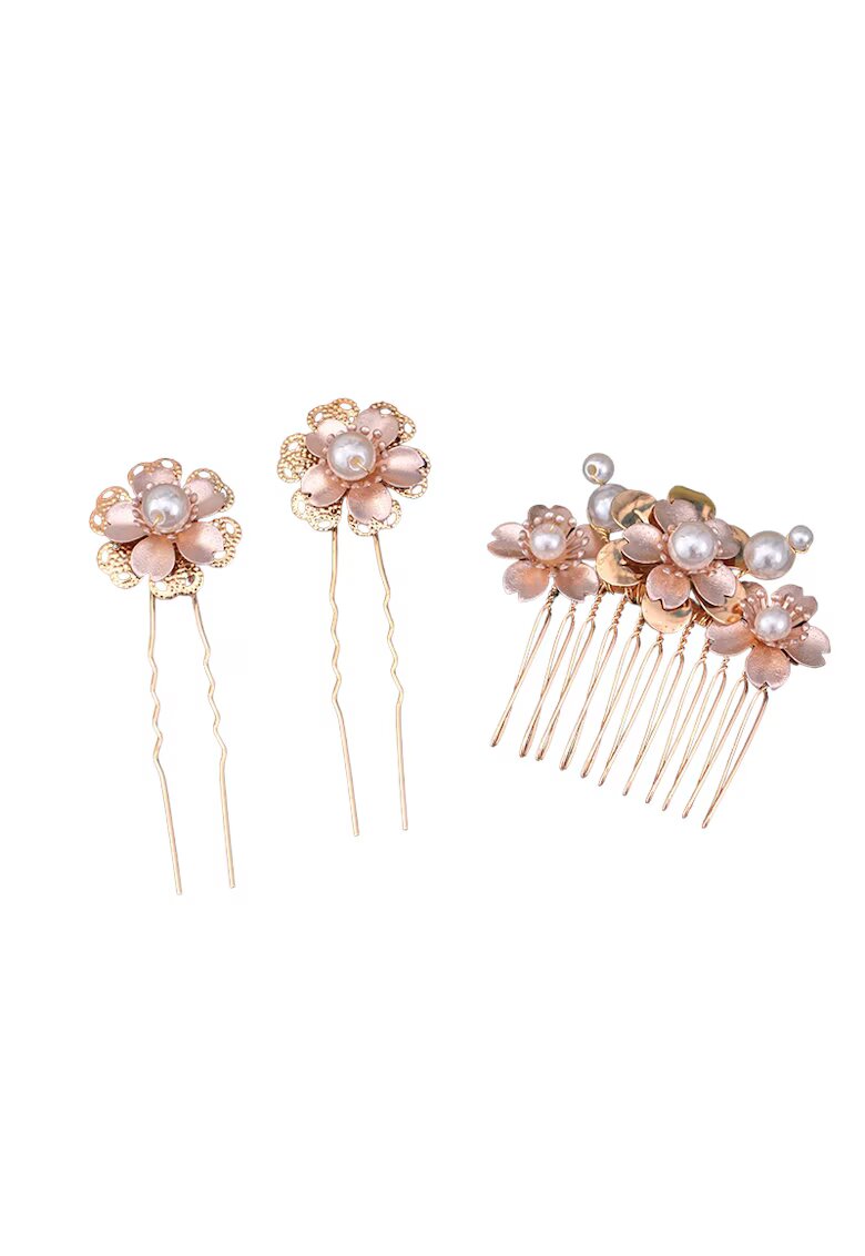 Pursehuit Set 3 accesorii de par - aurii - cu flori si perle - Gunita C5 -