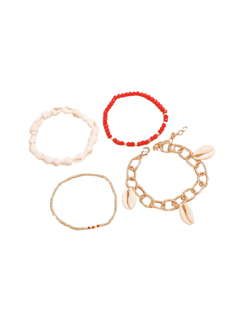 Pursehuit Set 4 bratari aurii - cu scoici si margelute rosii - Nuria C8 -