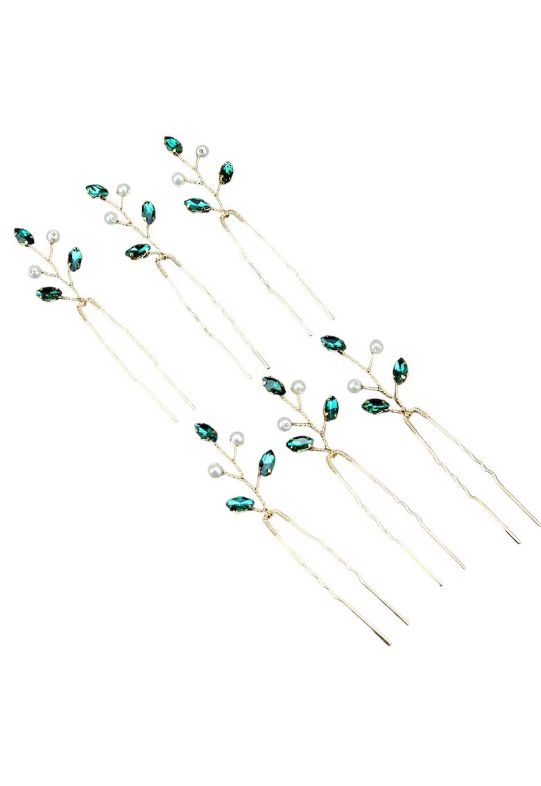 Pursehuit Set 6 accesorii de par - aurii - tip ac - cu pietre si perle - Karena C8 -
