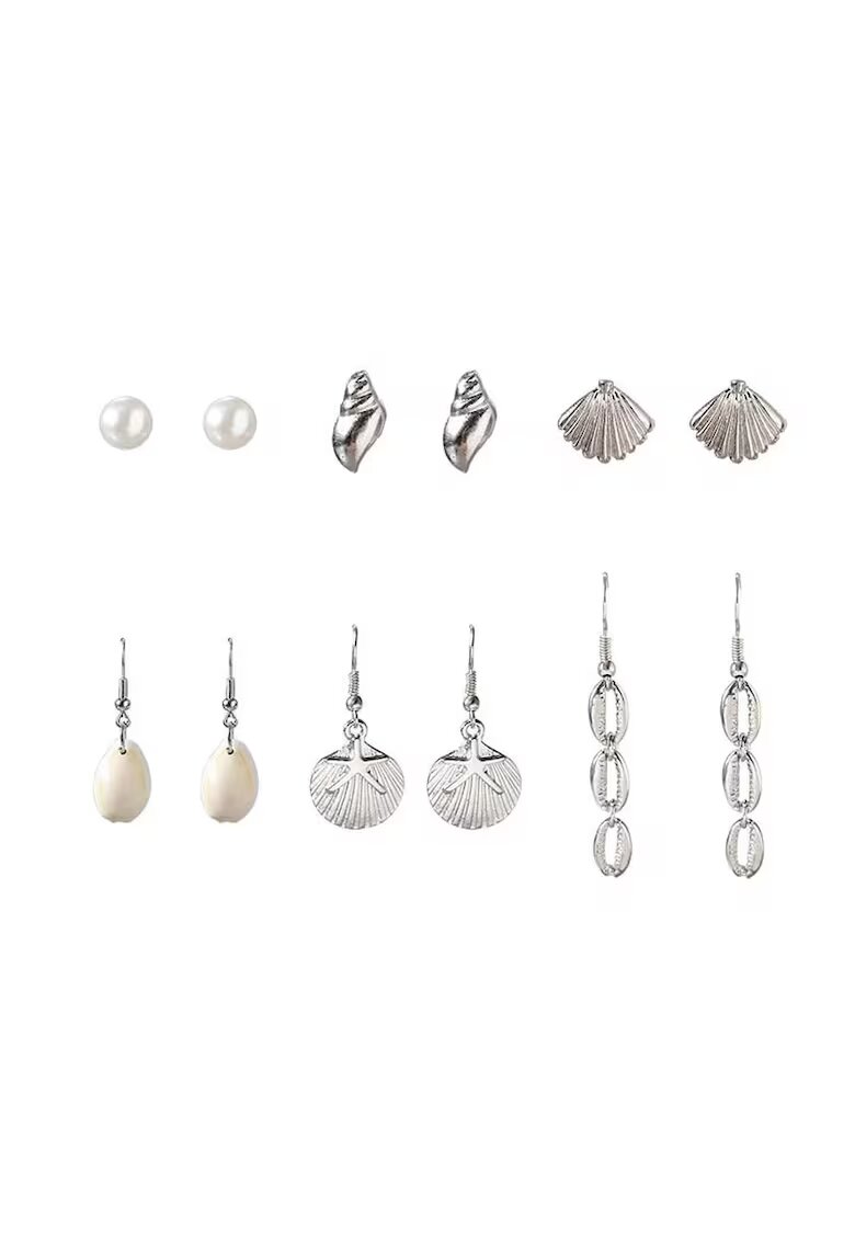 Pursehuit Set 6 perechi de cercei - argintii - cu scoici - Asmine C28 -