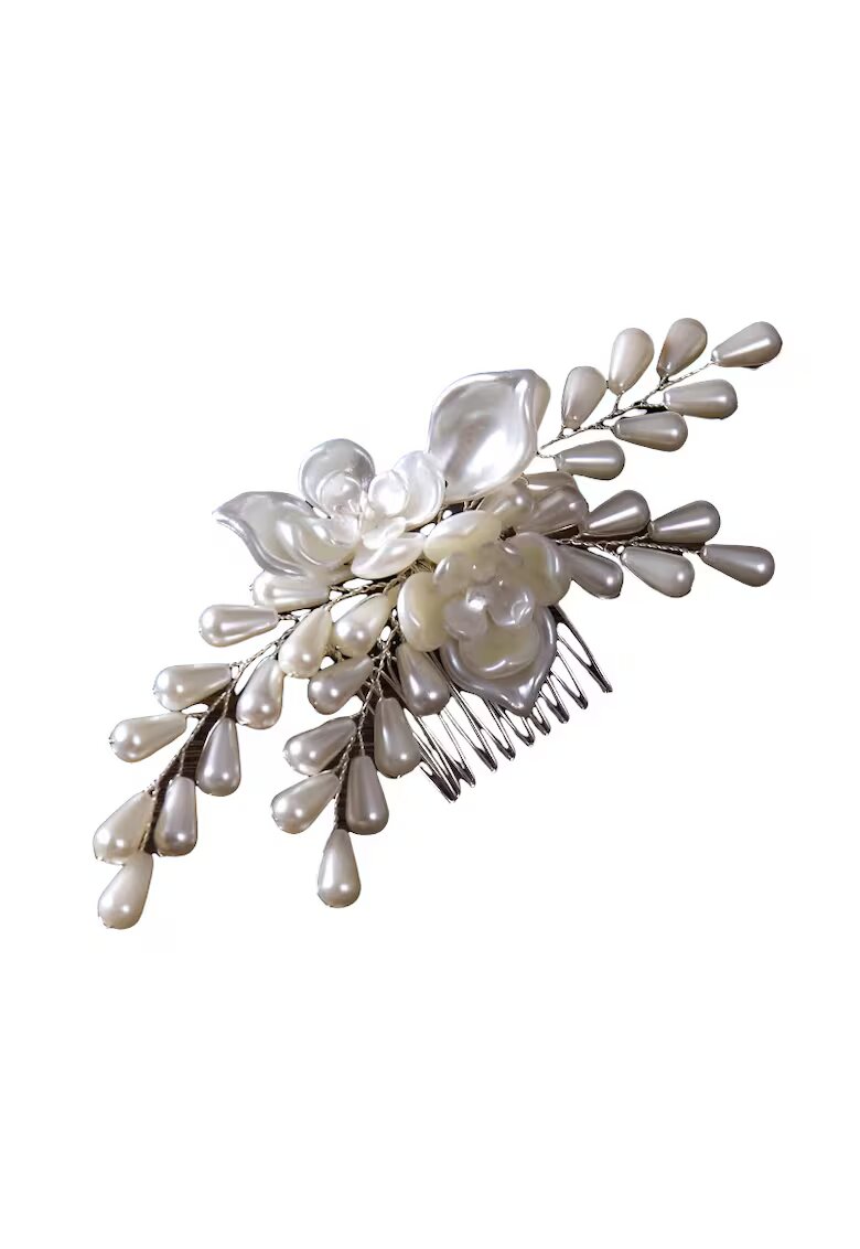Pursehuit Set accesoriu de par si cercei - argintiu - cu flori albe si perle - 15.5 cm - Megan C9