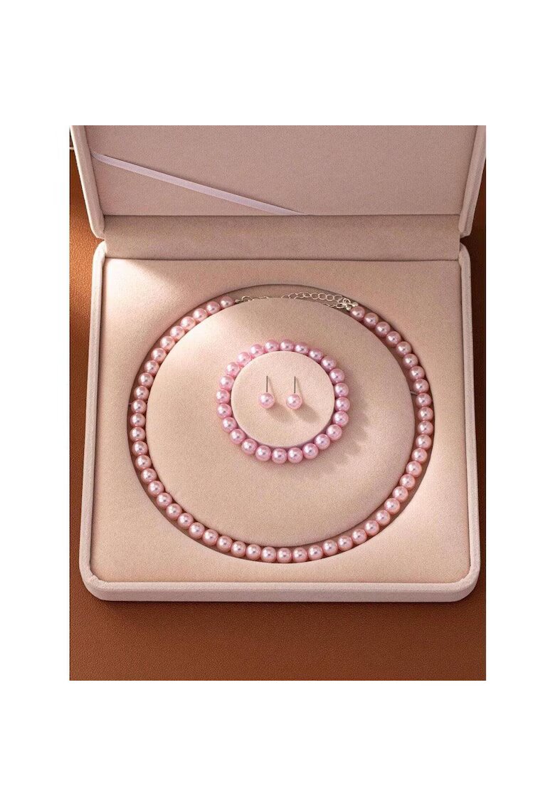 Pursehuit Set colier - bratara si cercei - argintiu - cu perle roz - Aina C26