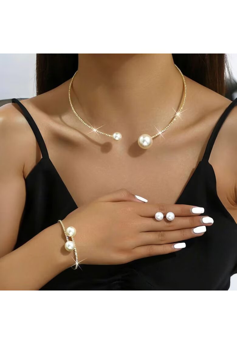 Pursehuit Set colier choker - bratara si cercei - auriu - cu perle si pietre - David C15