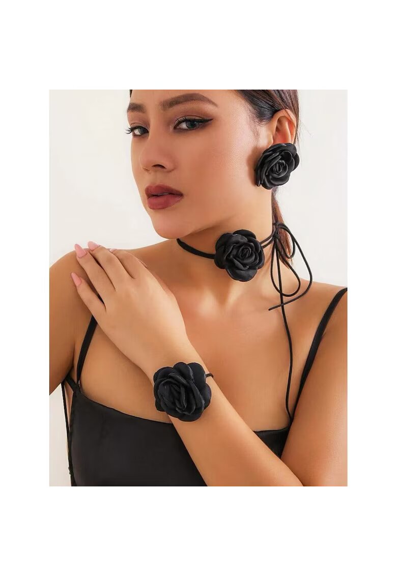 Pursehuit Set colier choker - bratara si cercei - negru - cu flori - Jouko C19
