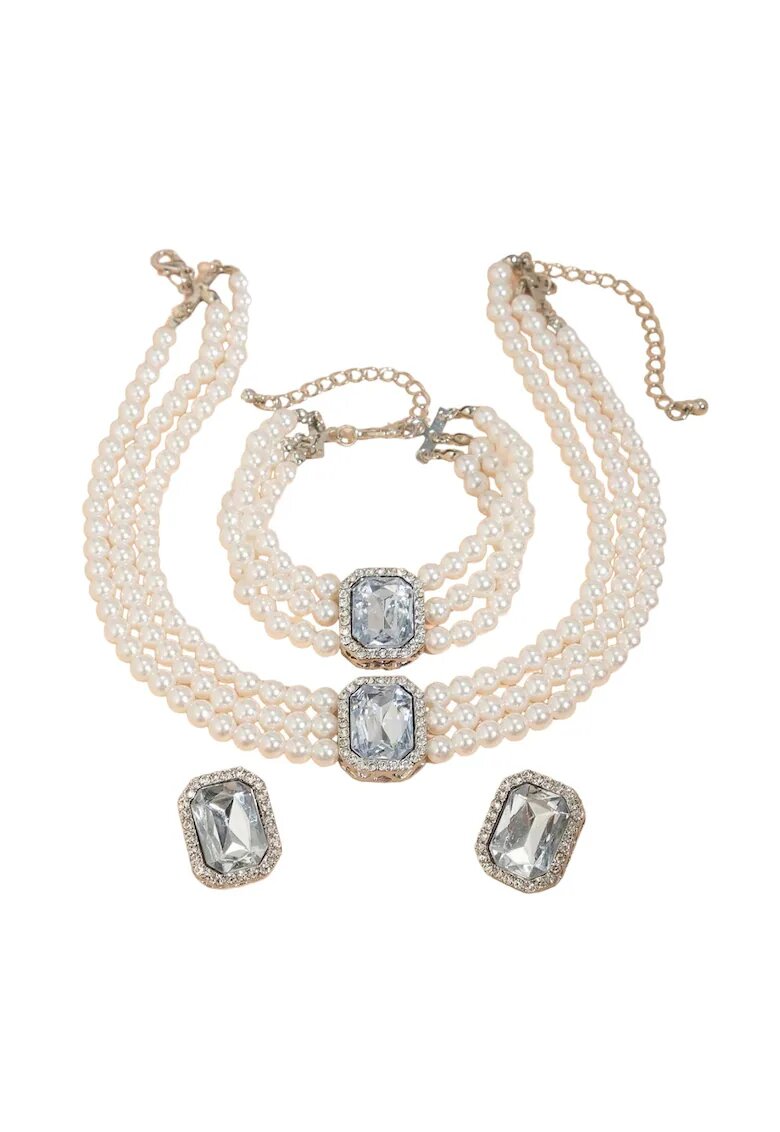 Pursehuit Set colier choker - cercei si bratara - argintiu - cu perle si pietre - Ruddy C4