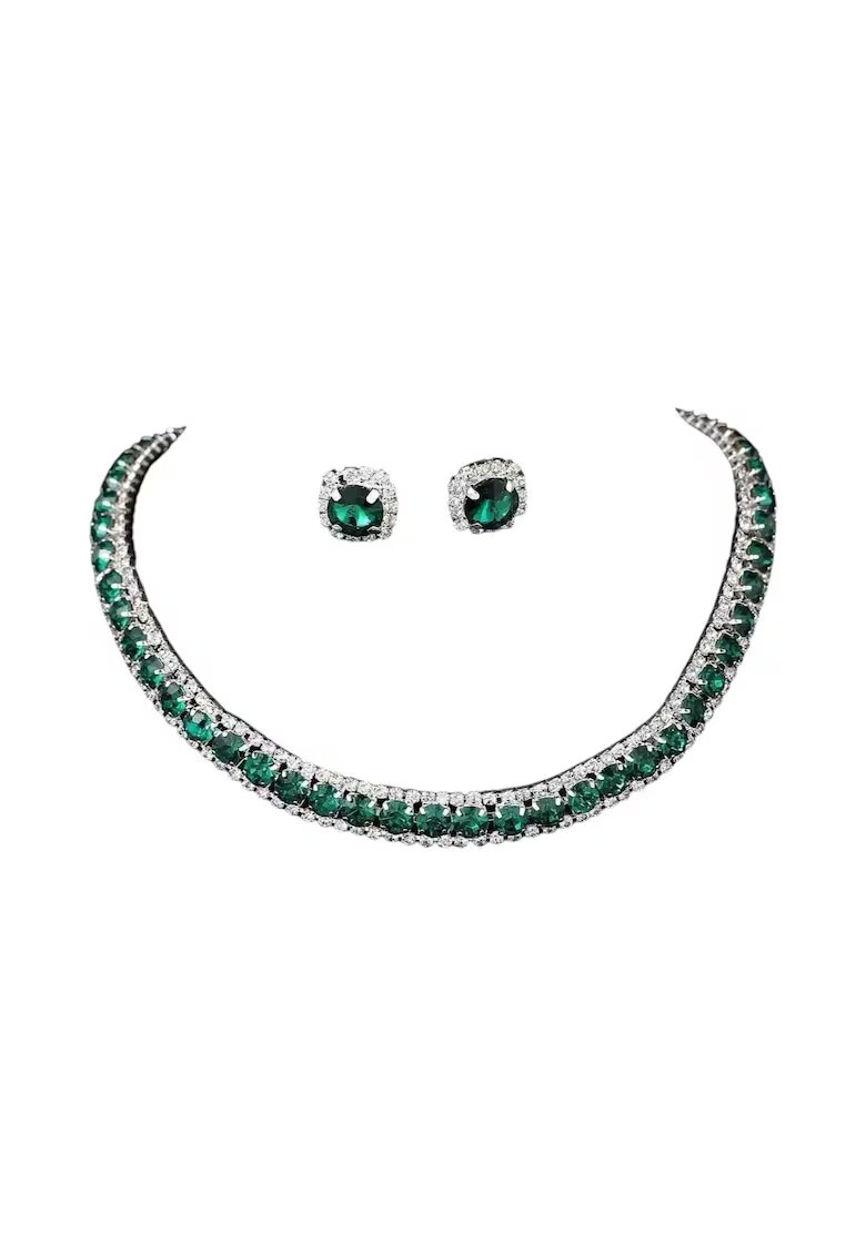 Pursehuit Set colier choker si cercei - argintiu - cu pietre verzi din zirconiu - Nicklas C1