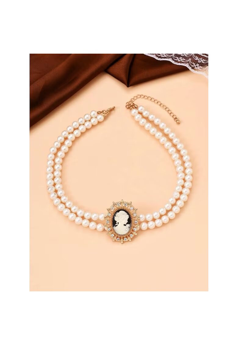 Pursehuit Set colier choker si cercei - auriu - cu perle si pandantiv vintage - Arja C24