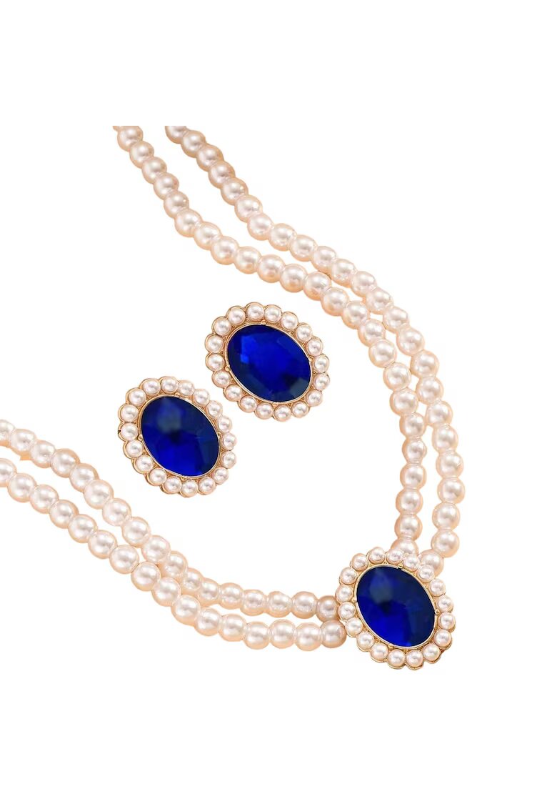 Pursehuit Set colier choker si cercei - auriu - cu perle si pietre albastre - Osar C5