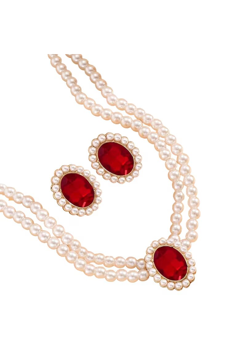 Pursehuit Set colier choker si cercei - auriu - cu perle si pietre rosii - Osa C5