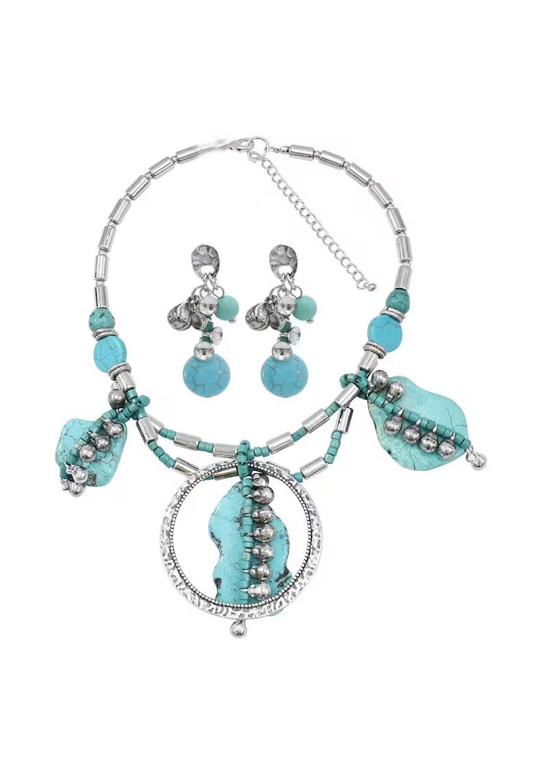 Pursehuit Set colier si cercei - argintiu - cu pietre turquoise - Sanni C8 -