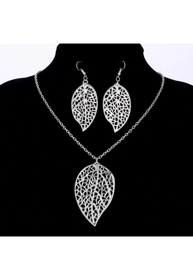 Pursehuit Set colier si cercei - argintiu - forma de frunze - Kadia C12 -