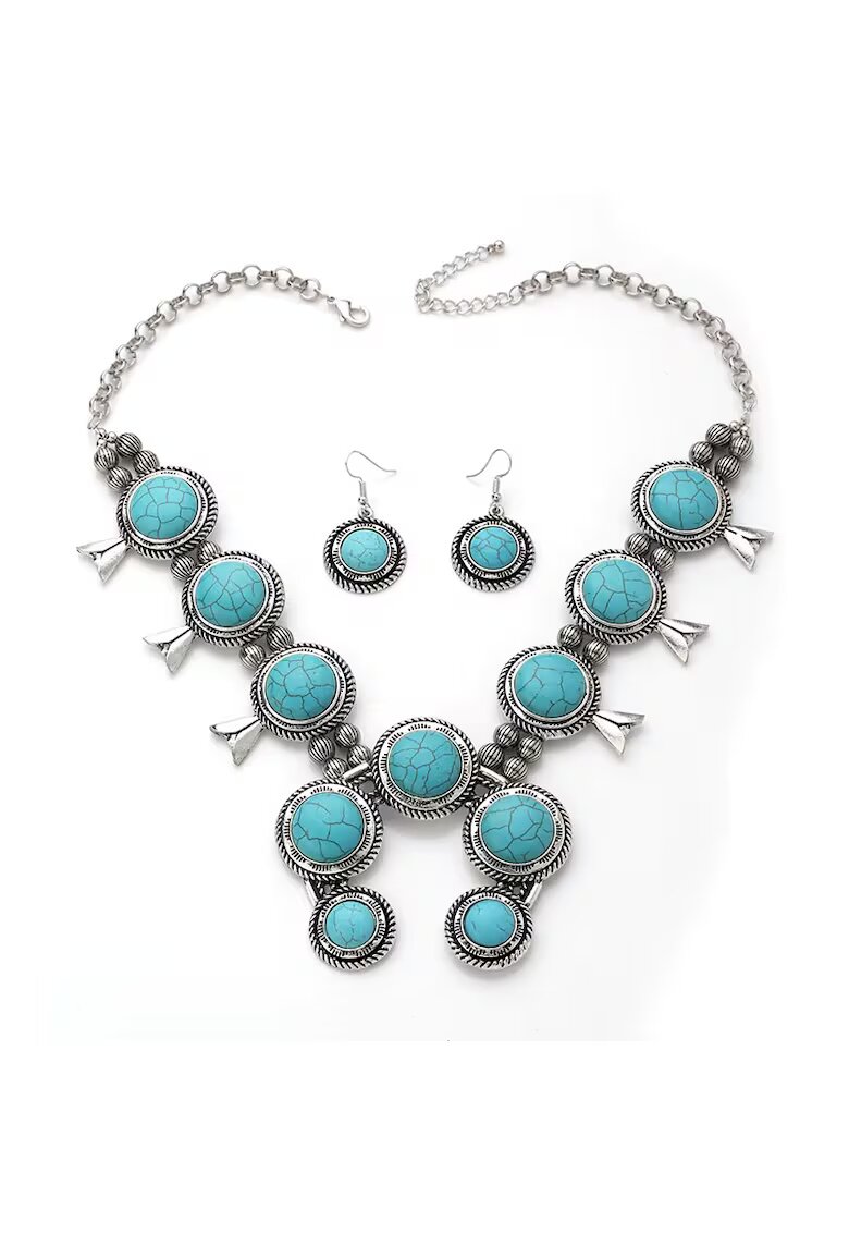 Pursehuit Set colier si cercei - argintiu - masiv - cu pietre turquoise - Hilvor C1 -