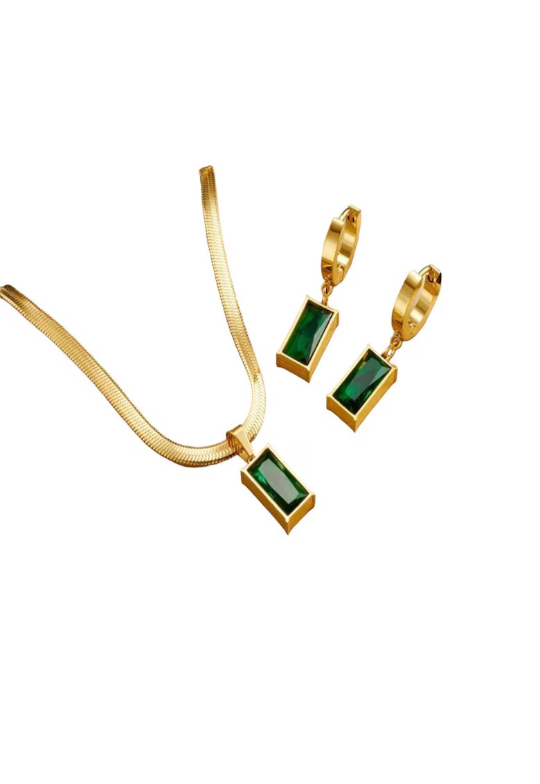 Pursehuit Set colier si cercei - auriu - cu pietre verzi - din otel inoxidabil - suflat cu aur 18k - Nick C1