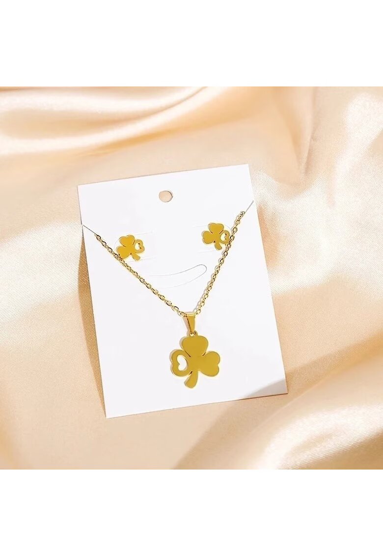 Pursehuit Set colier si cercei - auriu - din otel inoxidabil - suflat cu aur 18k - cu trifoi - Hella C3