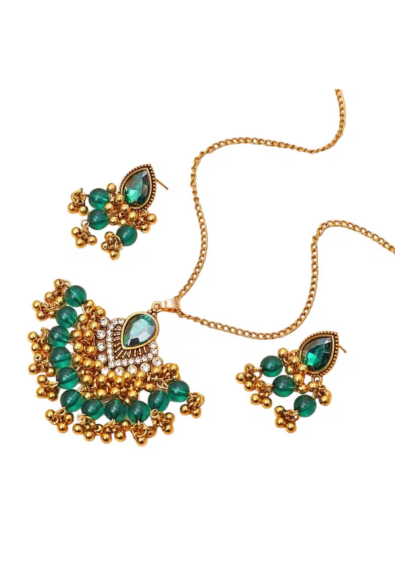 Pursehuit Set colier si cercei - auriu - stil indian - cu pietre si margelute verzi - Yulia C12 -