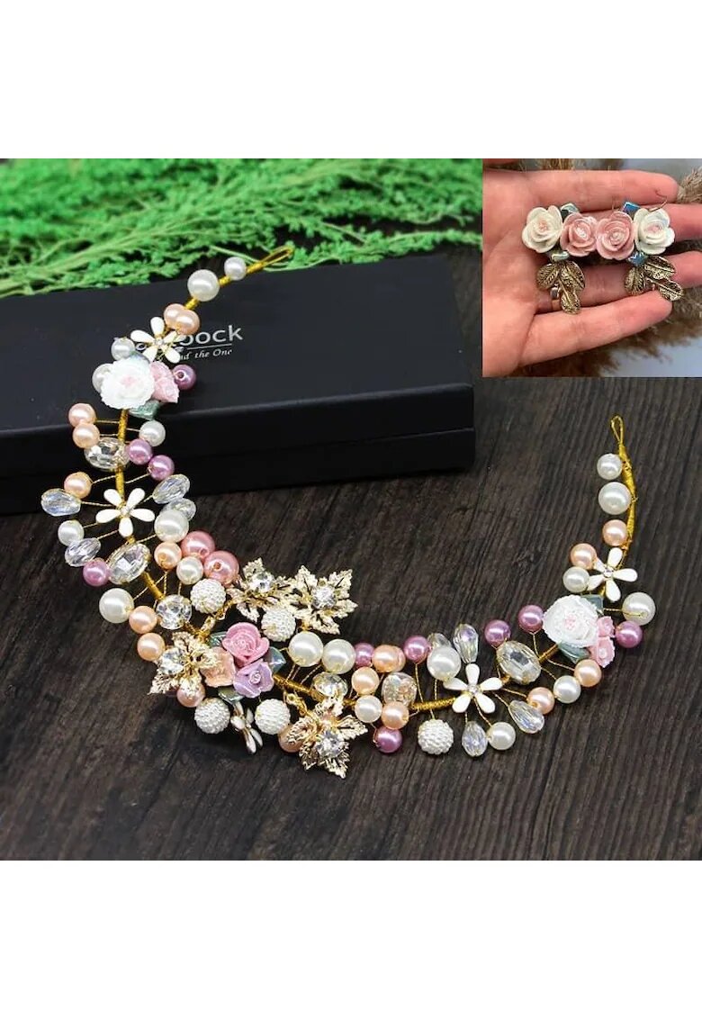 Pursehuit Set Coronita si Cercei - cu floricele si perle - Magrit C1 -