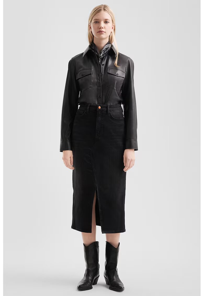 QS Fusta midi de denim cu slit frontal - Negru