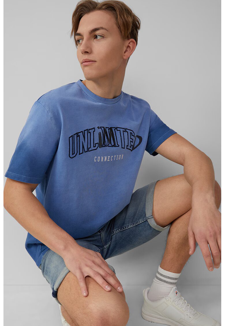 QS Tricou de bumbac cu imprimeu text - Albastru indigo