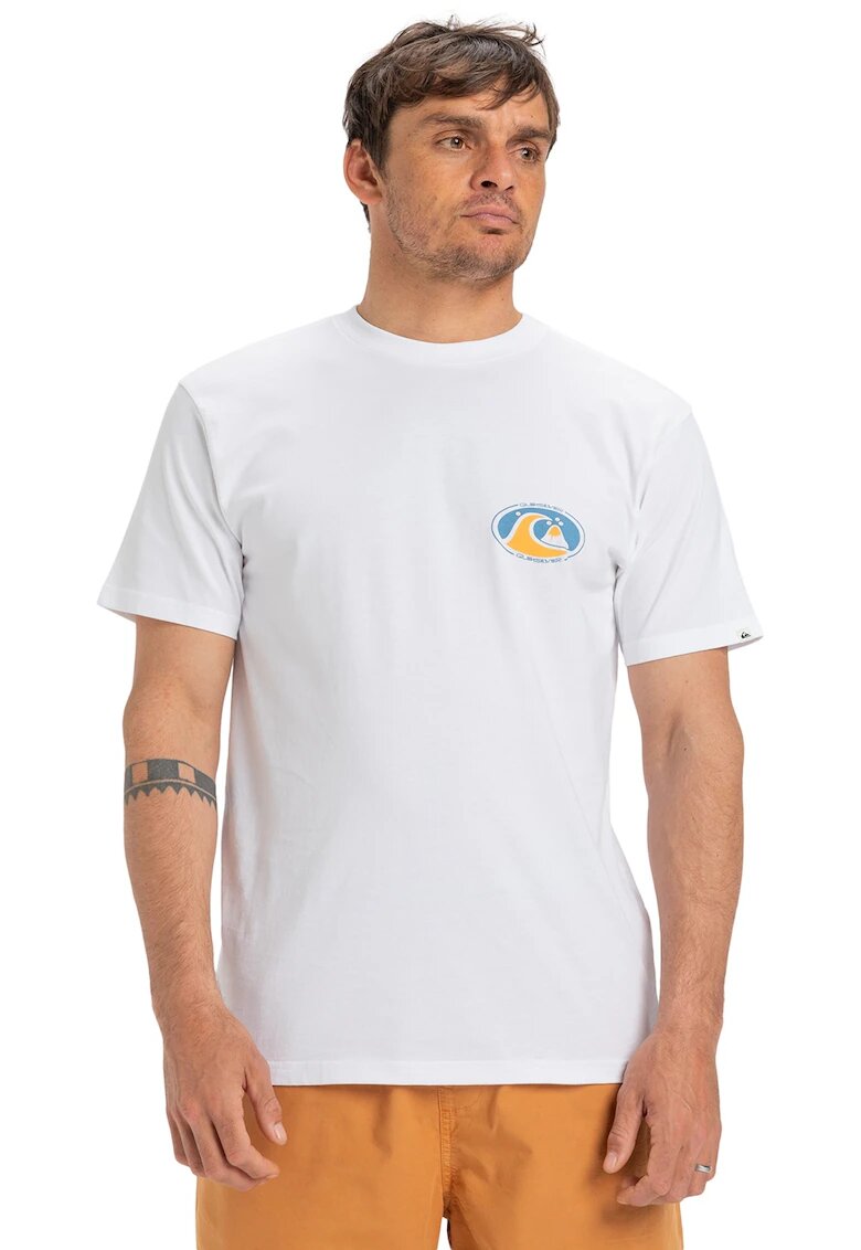 Quiksilver Tricou cu decolteu la baza gatului si imprimeu pe spate - Alb/Portocaliu/Albastru lavanda