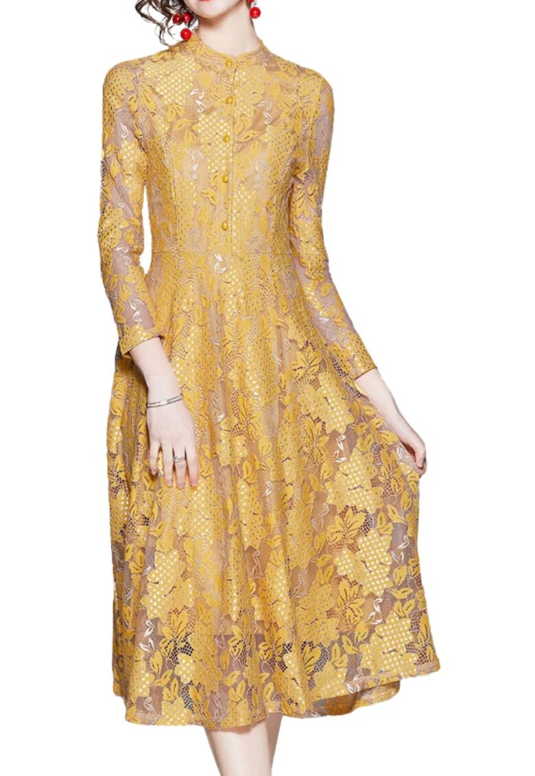 Robe Rochie midi - Kamilan - galben - dantela - flori - 100% poliester -