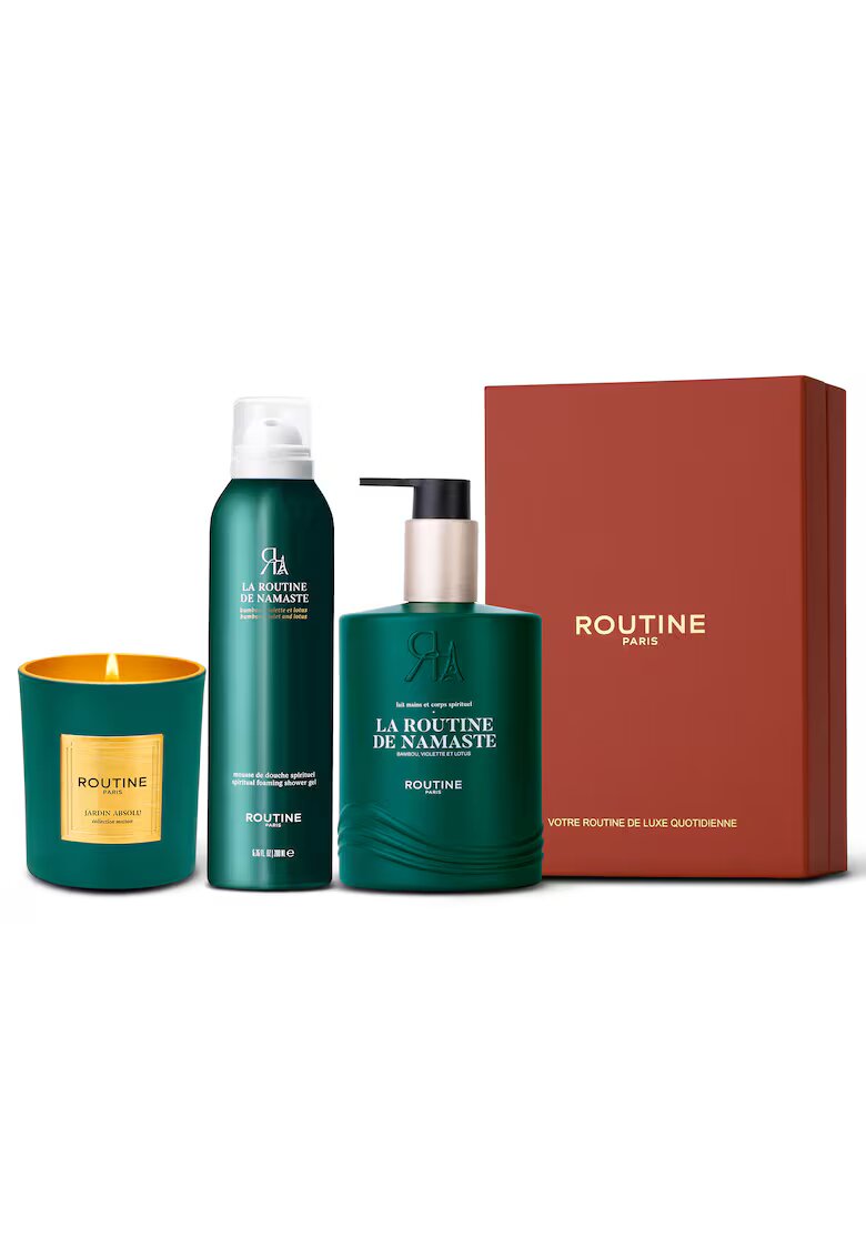 Routine Paris Set Cadou la Routine de Namaste - : Spuma de dus 200 ml + Lapte pentru maini si corp 300 ml + Lumanare clasica 165 g